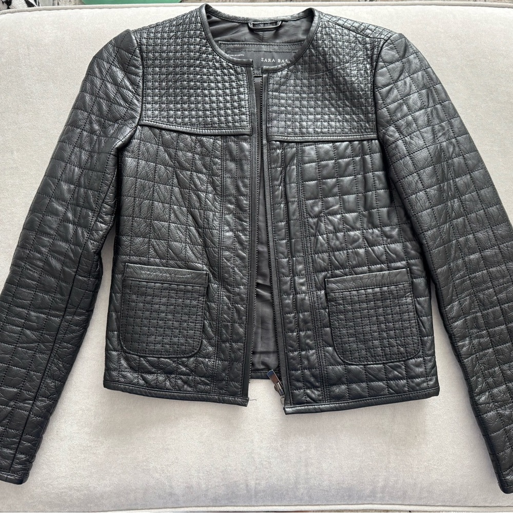 Zara Black Leather Jacket with Quilted Design